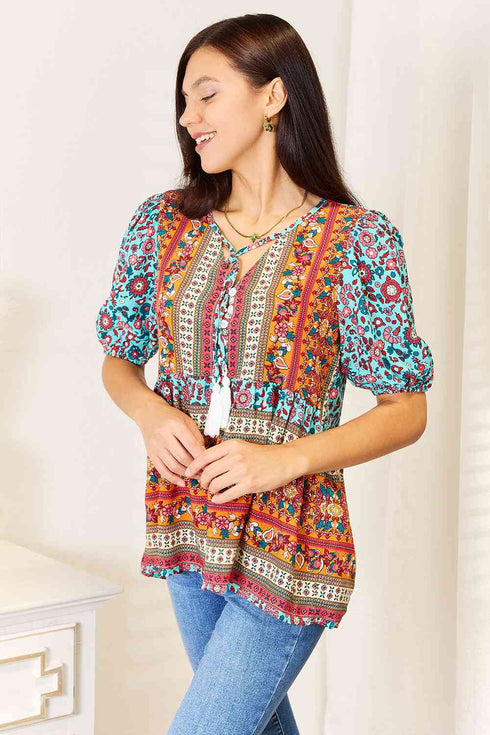 Double Take Bohemian Tassel Tie Puff Sleeve Babydoll Blouse - LISA MARIE BOUTIQUE