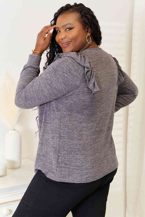 Double Take Square Neck Ruffle Shoulder Long Sleeve T-Shirt - LISA MARIE BOUTIQUE