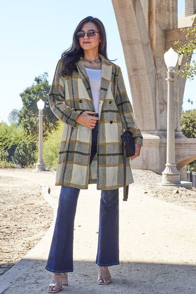 Plaid Button Up Lapel Collar Coat - LISA MARIE BOUTIQUE