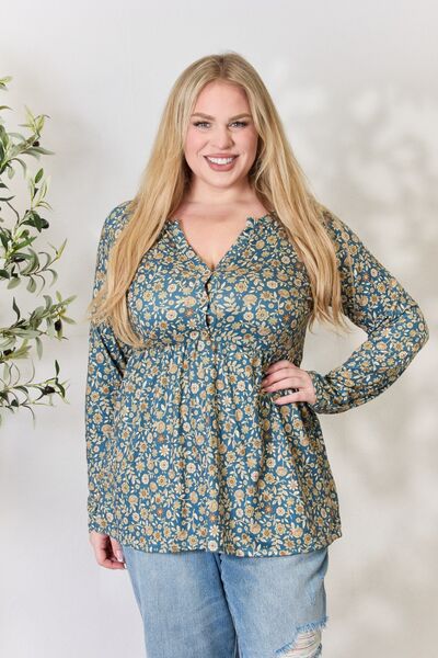 Heimish Floral Half Button Long Sleeve Blouse - LISA MARIE BOUTIQUE