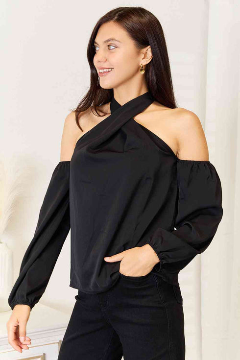 Double Take Grecian Cold Shoulder Long Sleeve Blouse - LISA MARIE BOUTIQUE