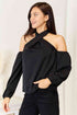 Double Take Grecian Cold Shoulder Long Sleeve Blouse - LISA MARIE BOUTIQUE