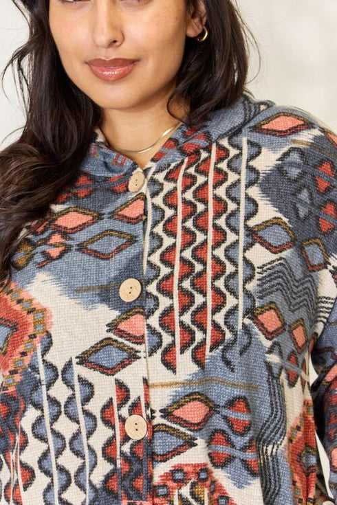 Heimish Printed Button Up Hooded Jacket - LISA MARIE BOUTIQUE