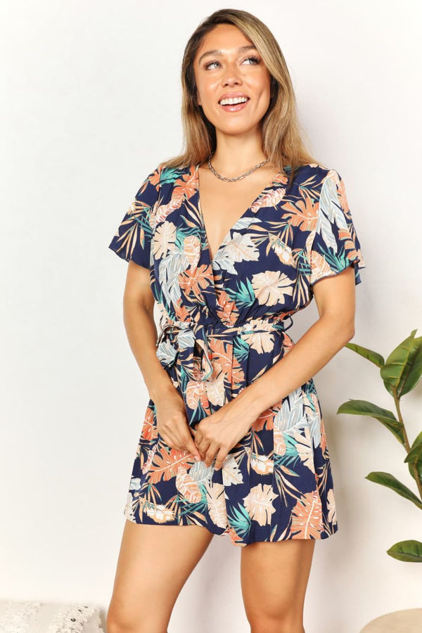 Double Take Botanical Print Surplice Neck Tie Waist Romper - LISA MARIE BOUTIQUE