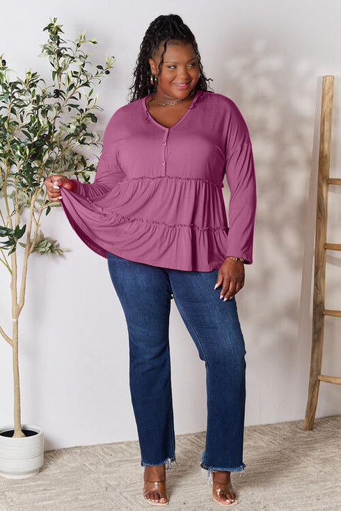 Half Button Long Sleeve Ruffle Hem Blouse - LISA MARIE BOUTIQUE