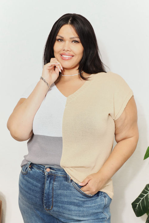 Double Take Color Block V-Neck Knit Top - LISA MARIE BOUTIQUE