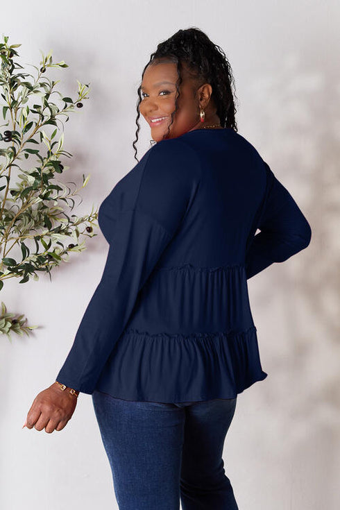 Half Button Long Sleeve Ruffle Hem Blouse - LISA MARIE BOUTIQUE