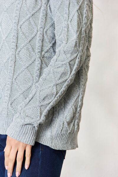 BiBi Cable Knit Round Neck Sweater - LISA MARIE BOUTIQUE