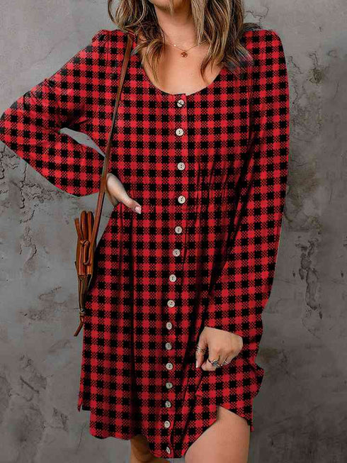 Plaid Round Neck Long Sleeve Magic Dress - LISA MARIE BOUTIQUE
