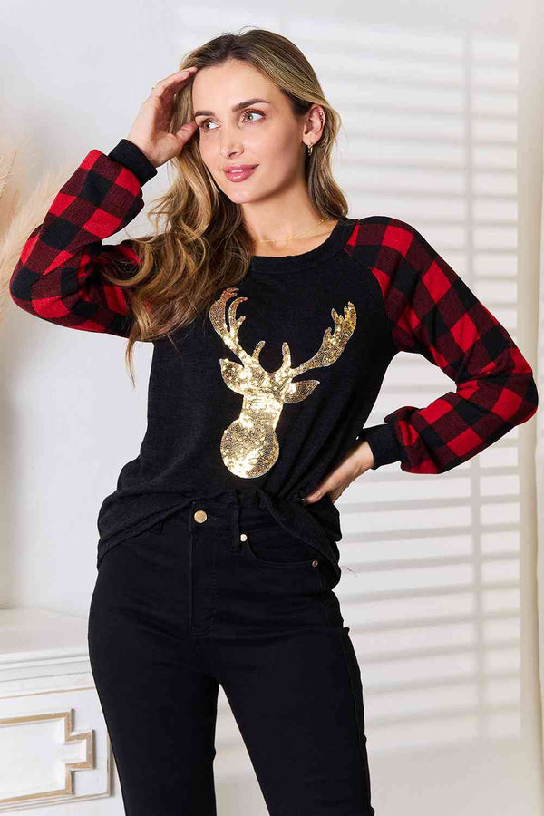 Heimish Sequin Reindeer Graphic Plaid Top - LISA MARIE BOUTIQUE
