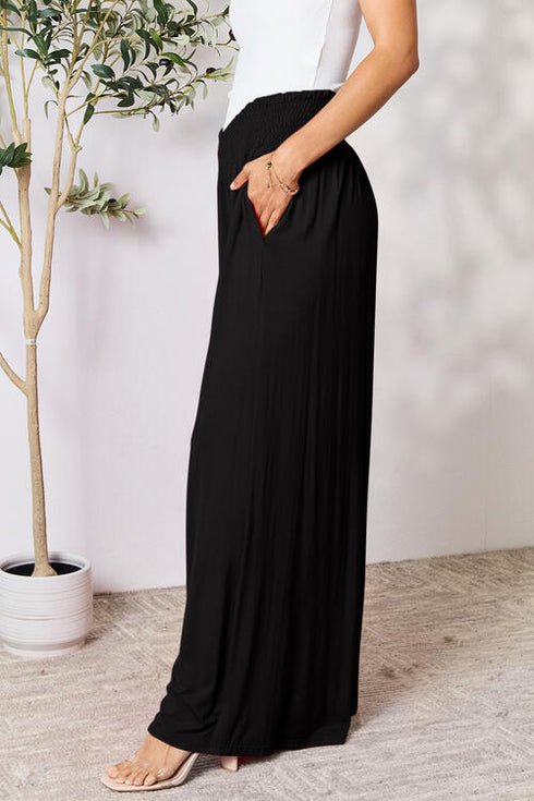 Double Take Full Size Smocked Wide Waistband Wide Leg Pants - LISA MARIE BOUTIQUE