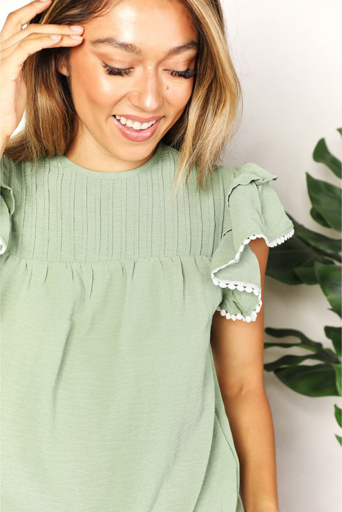 Double Take Pleated Detail Flutter Sleeve Blouse - LISA MARIE BOUTIQUE