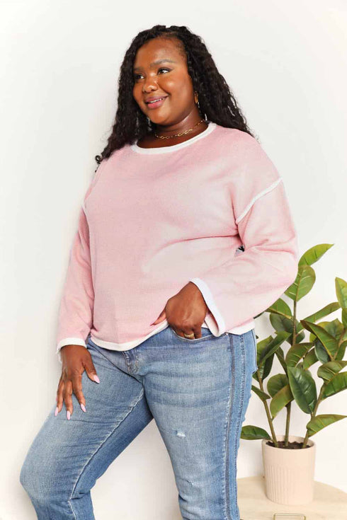 Double Take Contrast Detail Dropped Shoulder Knit Top - LISA MARIE BOUTIQUE