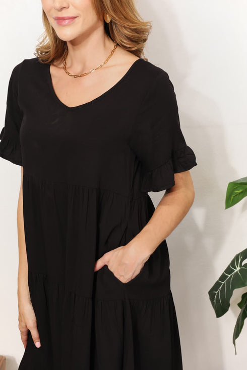 Double Take V-Neck Flounce Sleeve Tiered Dress - LISA MARIE BOUTIQUE