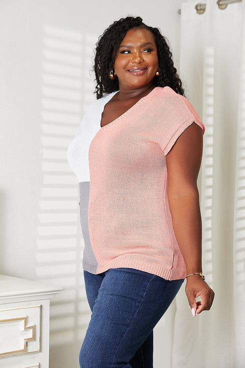 Double Take Color Block V-Neck Knit Top - LISA MARIE BOUTIQUE