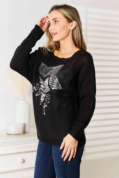 Double Take Sequin Graphic Dolman Sleeve Knit Top - LISA MARIE BOUTIQUE