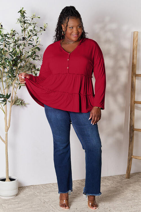Half Button Long Sleeve Ruffle Hem Blouse - LISA MARIE BOUTIQUE