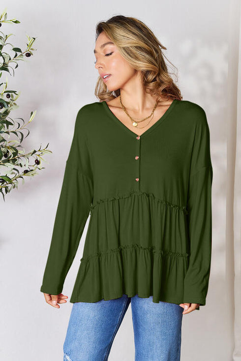 Half Button Long Sleeve Ruffle Hem Blouse - LISA MARIE BOUTIQUE