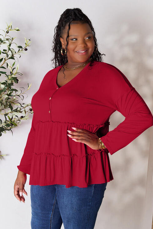 Half Button Long Sleeve Ruffle Hem Blouse - LISA MARIE BOUTIQUE