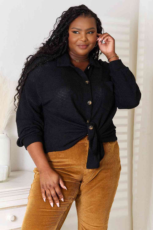 Double Take Waffle-Knit Collared Neck Dropped Shoulder Shirt - LISA MARIE BOUTIQUE