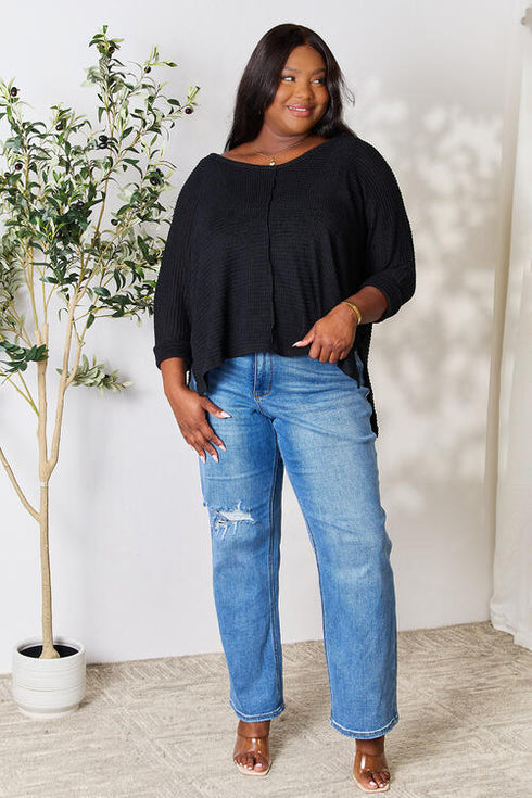 Zenana Round Neck High-Low Slit Knit Top - LISA MARIE BOUTIQUE