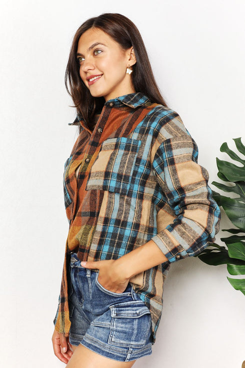 Double Take Plaid Curved Hem Shirt Jacket with Breast Pockets - LISA MARIE BOUTIQUE