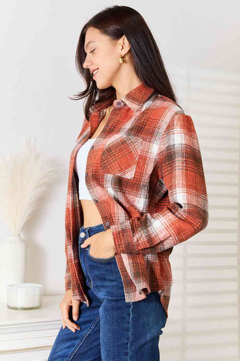 Double Take Plaid Collared Neck Long Sleeve Shirt - LISA MARIE BOUTIQUE