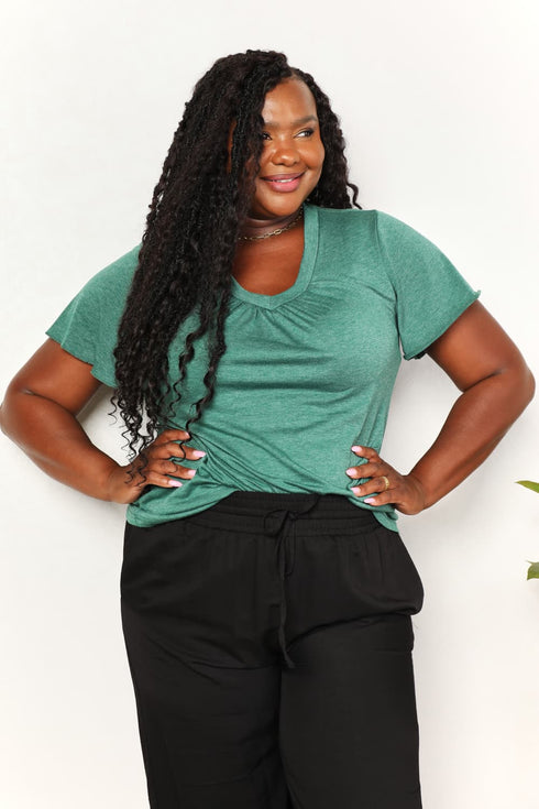 Double Take Ruched V-Neck Short Sleeve T-Shirt - LISA MARIE BOUTIQUE
