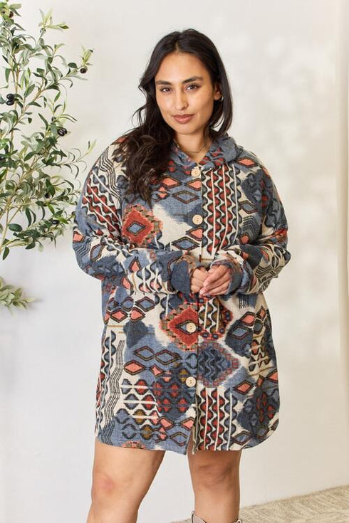 Heimish Printed Button Up Hooded Jacket - LISA MARIE BOUTIQUE