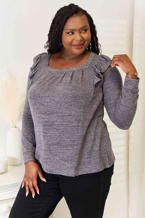 Double Take Square Neck Ruffle Shoulder Long Sleeve T-Shirt - LISA MARIE BOUTIQUE