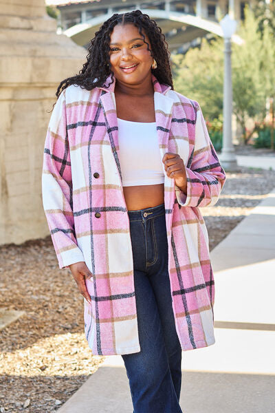Plaid Button Up Lapel Collar Coat - LISA MARIE BOUTIQUE