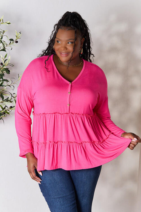 Half Button Long Sleeve Ruffle Hem Blouse - LISA MARIE BOUTIQUE