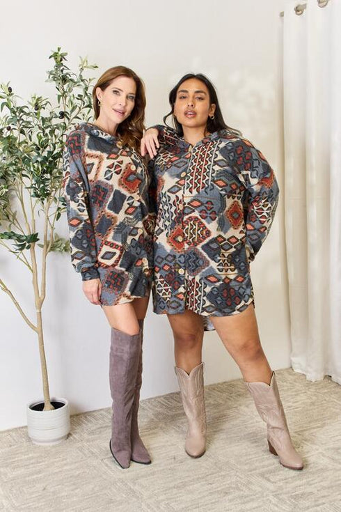 Heimish Printed Button Up Hooded Jacket - LISA MARIE BOUTIQUE