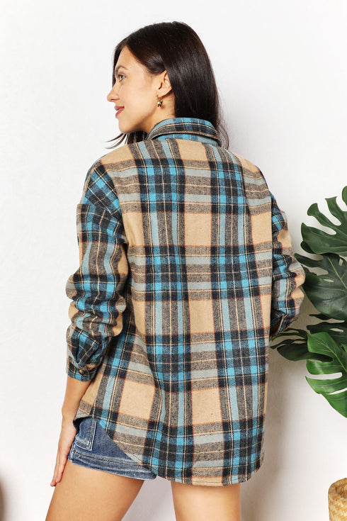 Double Take Plaid Curved Hem Shirt Jacket with Breast Pockets - LISA MARIE BOUTIQUE