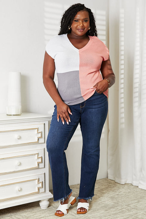 Double Take Color Block V-Neck Knit Top - LISA MARIE BOUTIQUE