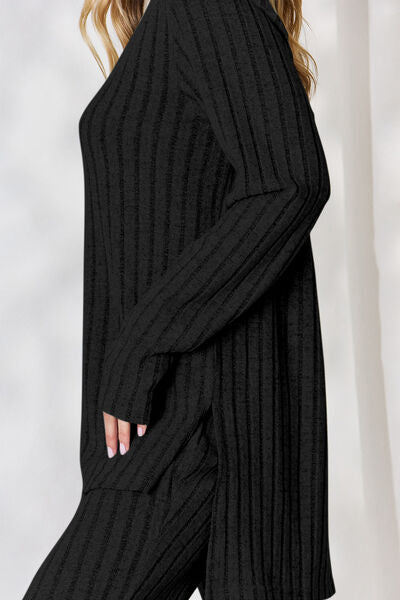 Cozy Basic Bae Top and Wide Leg Pants Set - LISA MARIE BOUTIQUE