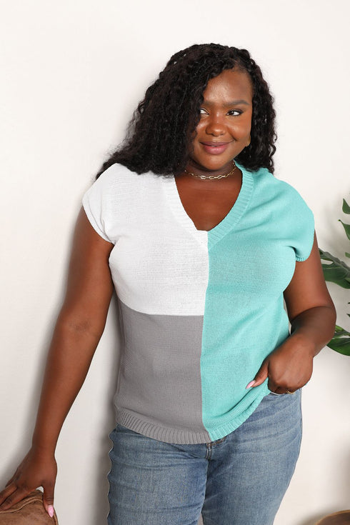 Double Take Color Block V-Neck Knit Top - LISA MARIE BOUTIQUE