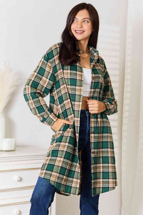 Double Take Plaid Collared Neck Long Sleeve Shirt - LISA MARIE BOUTIQUE