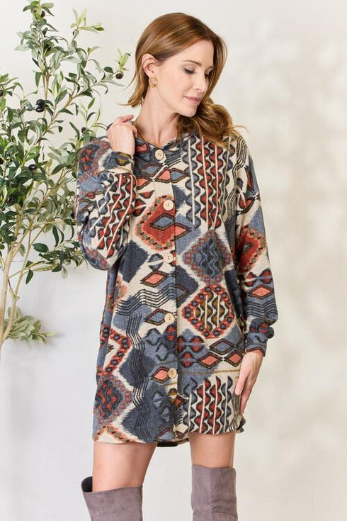 Heimish Printed Button Up Hooded Jacket - LISA MARIE BOUTIQUE