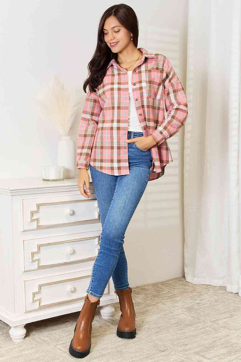 Double Take Plaid Collared Neck Long Sleeve Button-Up Shirt - LISA MARIE BOUTIQUE