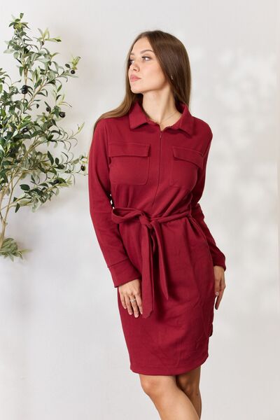 Culture Code Tie Front Half Zip Long Sleeve Shirt Dress - LISA MARIE BOUTIQUE