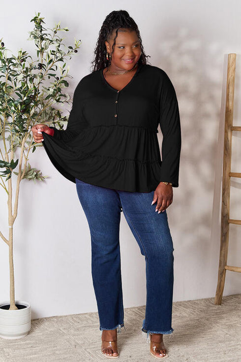 Half Button Long Sleeve Ruffle Hem Blouse - LISA MARIE BOUTIQUE