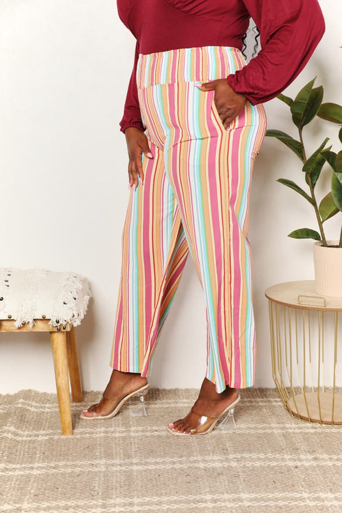 Double Take Striped Smocked Waist Pants with Pockets - LISA MARIE BOUTIQUE