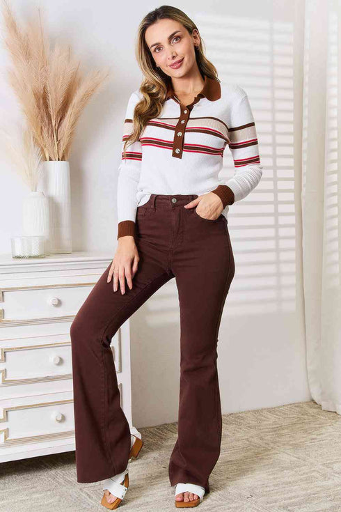 Basic Bae Striped Collared Neck Rib-Knit Top - LISA MARIE BOUTIQUE