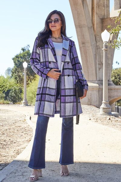 Plaid Button Up Lapel Collar Coat - LISA MARIE BOUTIQUE
