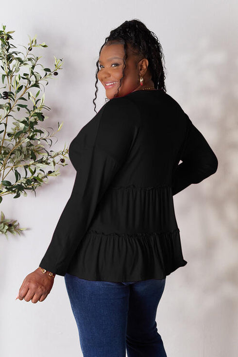 Half Button Long Sleeve Ruffle Hem Blouse - LISA MARIE BOUTIQUE