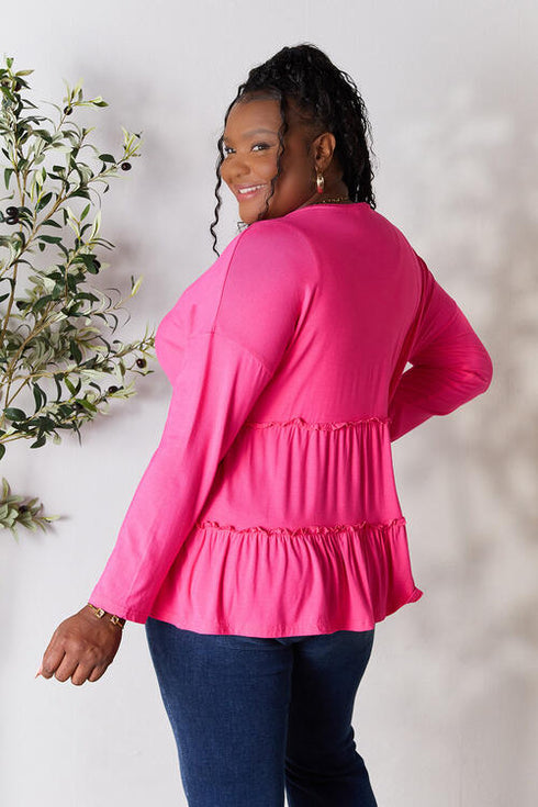 Half Button Long Sleeve Ruffle Hem Blouse - LISA MARIE BOUTIQUE