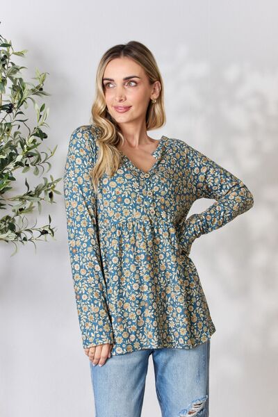 Heimish Floral Half Button Long Sleeve Blouse - LISA MARIE BOUTIQUE
