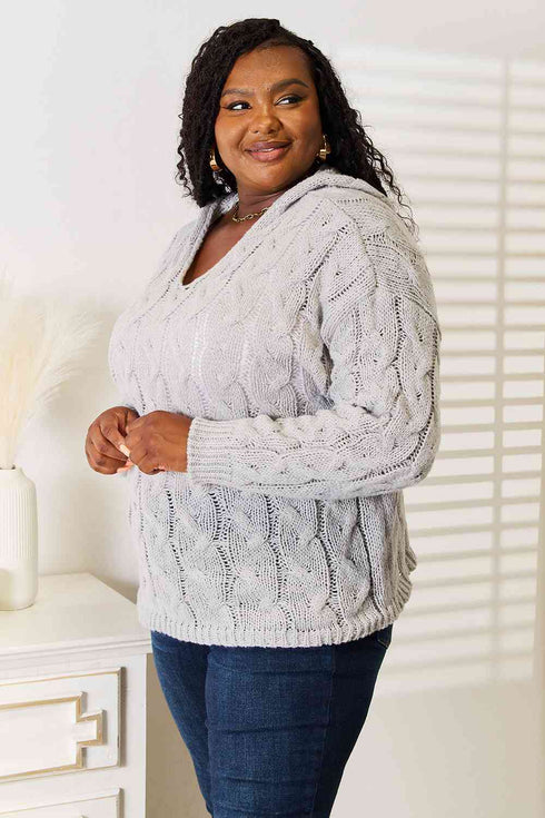 Woven Right Cable-Knit Hooded Sweater - LISA MARIE BOUTIQUE