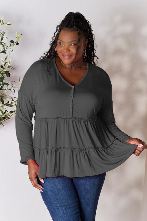 Half Button Long Sleeve Ruffle Hem Blouse - LISA MARIE BOUTIQUE